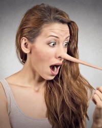 Liar surprised woman with long nose